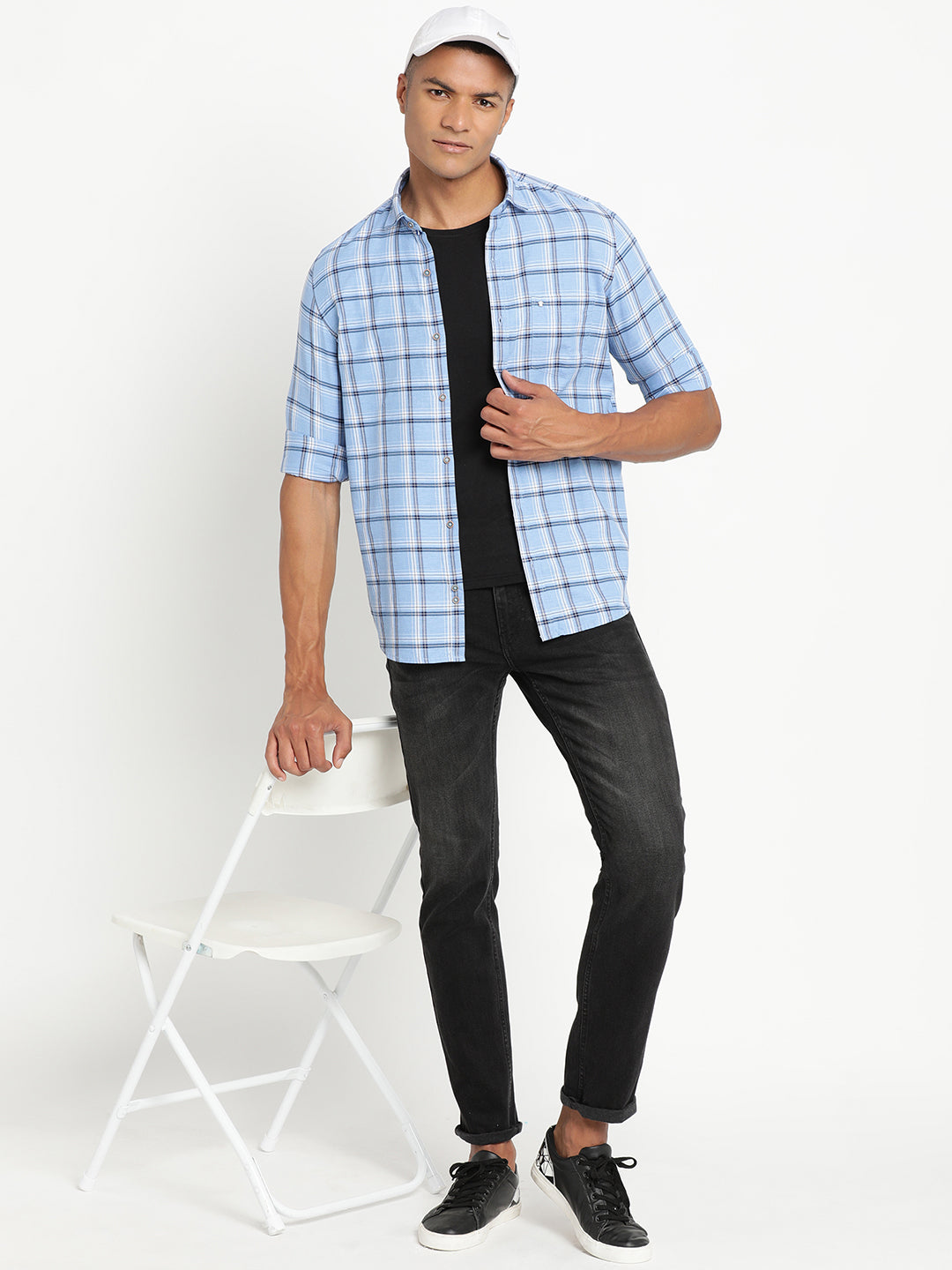 Cotton Melange Sky Blue Checkered Slim Fit Full Sleeve Casual Shirt