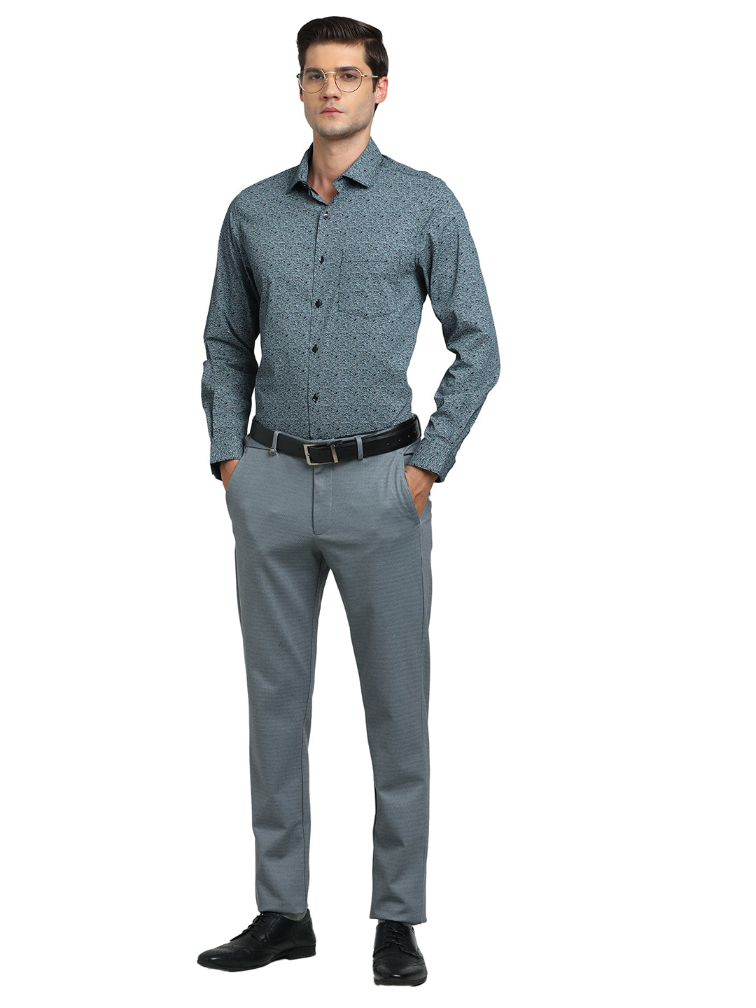 100% Cotton Grey Printed Slim Fit Full Sleeve Formal Shirt