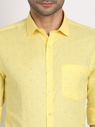 Cotton Linen Yellow Printed Slim Fit Full Sleeve Formal Shirt