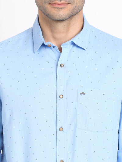 Cotton Tencel Sky Blue Printed Slim Fit Full Sleeve Casual Shirt