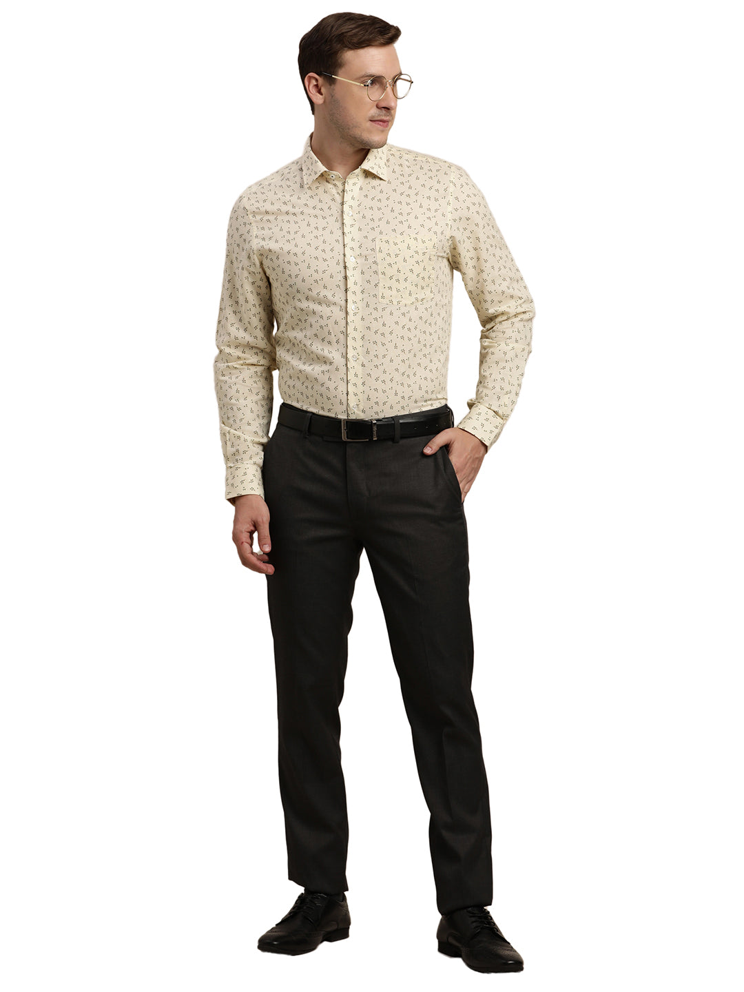 Cotton Linen Cream Printed Slim Fit Full Sleeve Formal Shirt