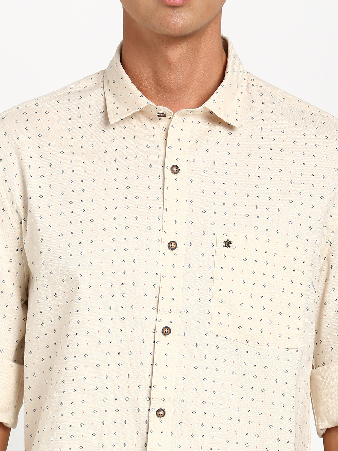 100% Cotton Cream Printed Slim Fit Full Sleeve Casual Shirt