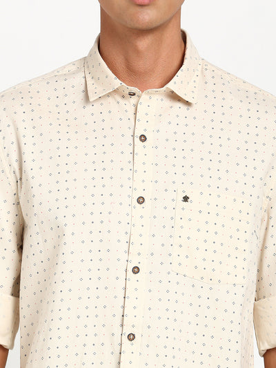 100% Cotton Cream Printed Slim Fit Full Sleeve Casual Shirt