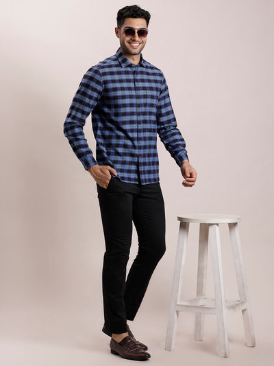 100% Cotton Indigo Navy Blue Checkered Slim Fit Full Sleeve Casual Shirt