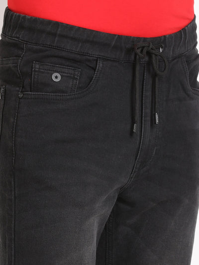 Cotton Stretch Black Plain Flat Front Casual Jogger Jeans