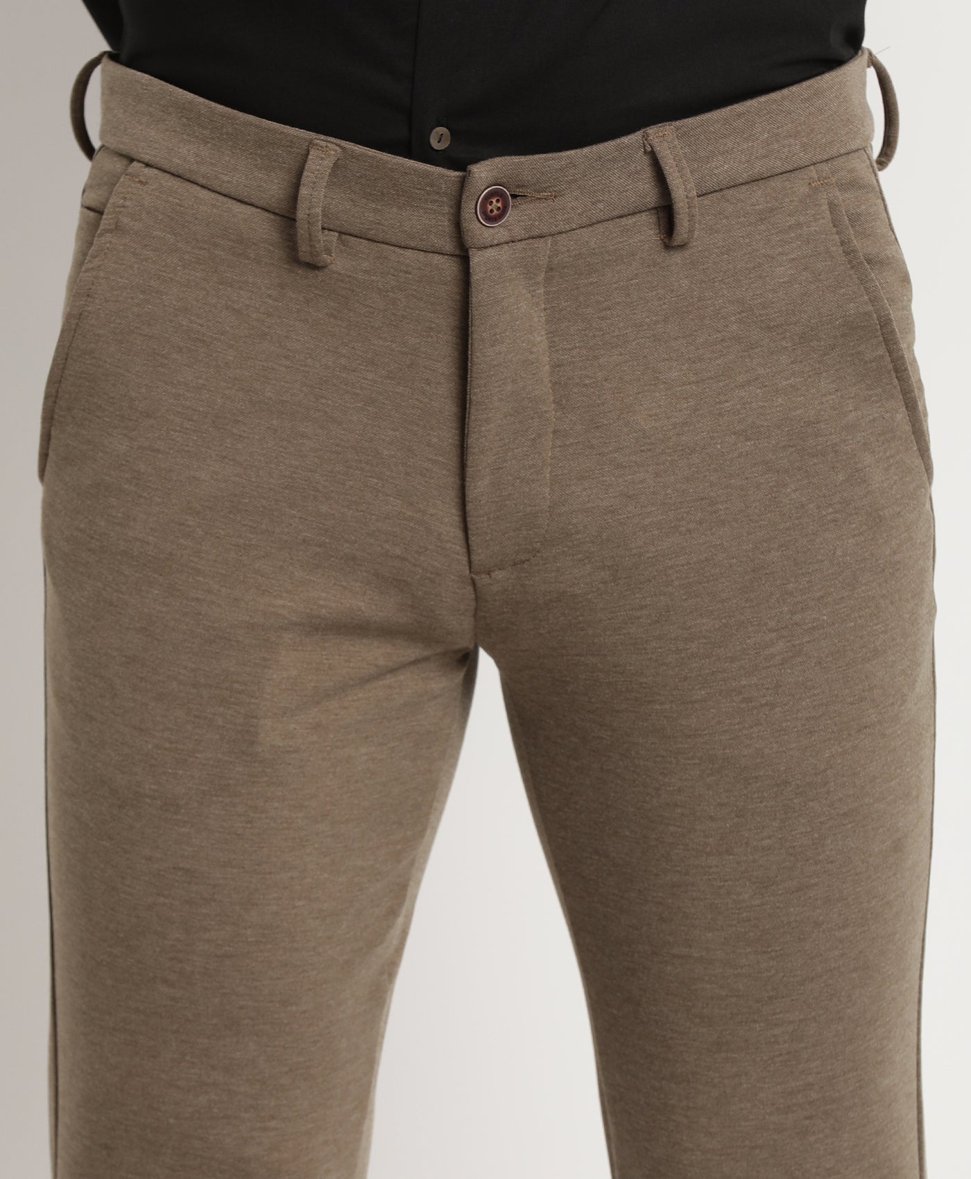 Cotton Brown Plain Ultra Slim Fit Flat Front Casual Trouser