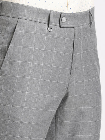 Poly Viscose Stretch Smokey Grey Checkered Slim Fit Flat Front Formal Trouser