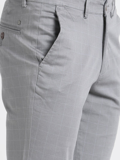 Cotton Stretch Steel Checkered Narrow Fit Flat Front Casual Trouser