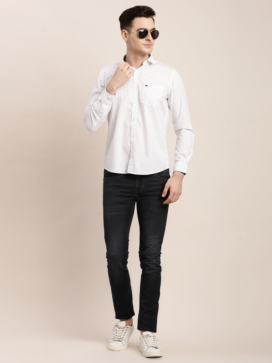 100% Cotton White Printed Slim Fit Full Sleeve Casual Shirt