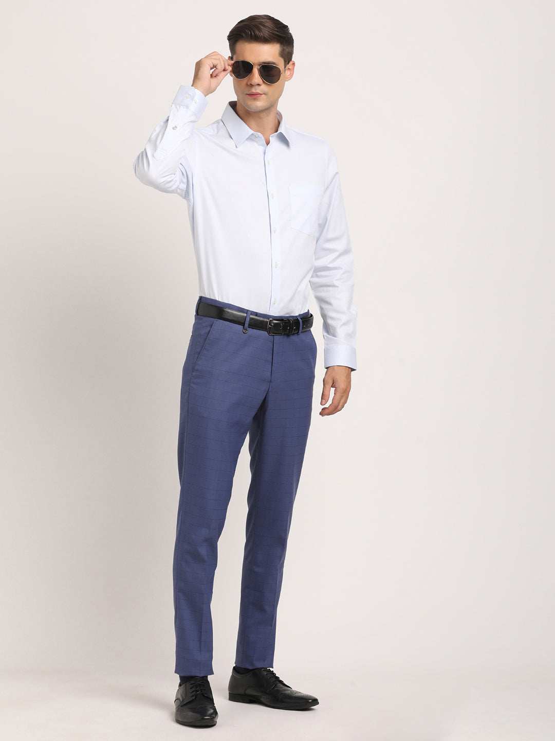 Poly Viscose Blue Checkered Ultra Slim Fit Flat Front Formal Trouser