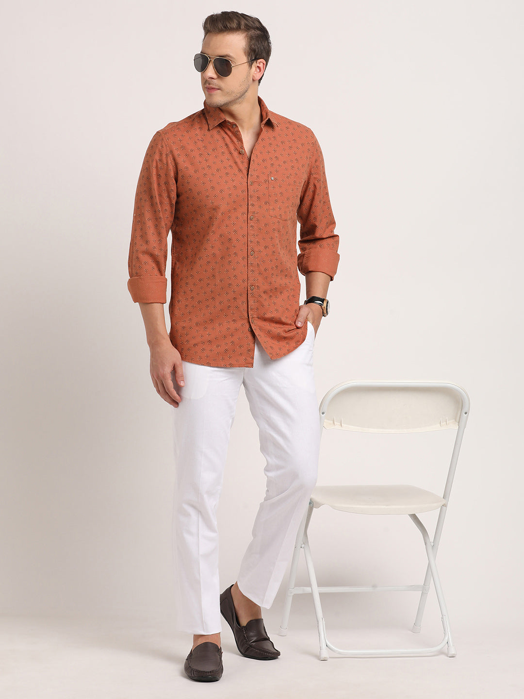 Cotton Linen Orange Printed Slim Fit Full Sleeve Casual Shirt