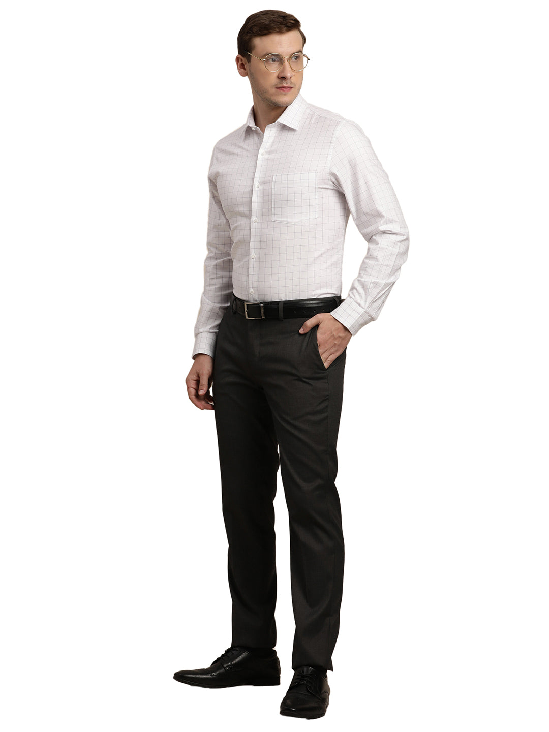 100% Cotton White Checkered Slim Fit Full Sleeve Formal Shirt