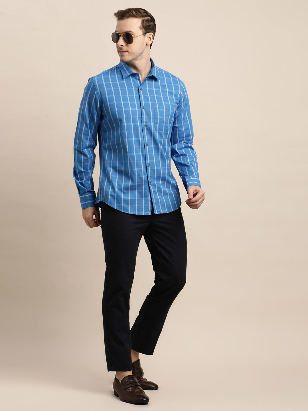 100% Cotton Blue Checkered Slim Fit Full Sleeve Casual Shirt