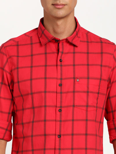 100% Cotton Red Checkered Slim Fit Full Sleeve Casual Shirt