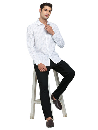 Cotton Linen White Printed Slim Fit Full Sleeve Formal Shirt