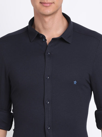 Knitted Navy Blue Printed Slim Fit Full Sleeve Casual Shirt