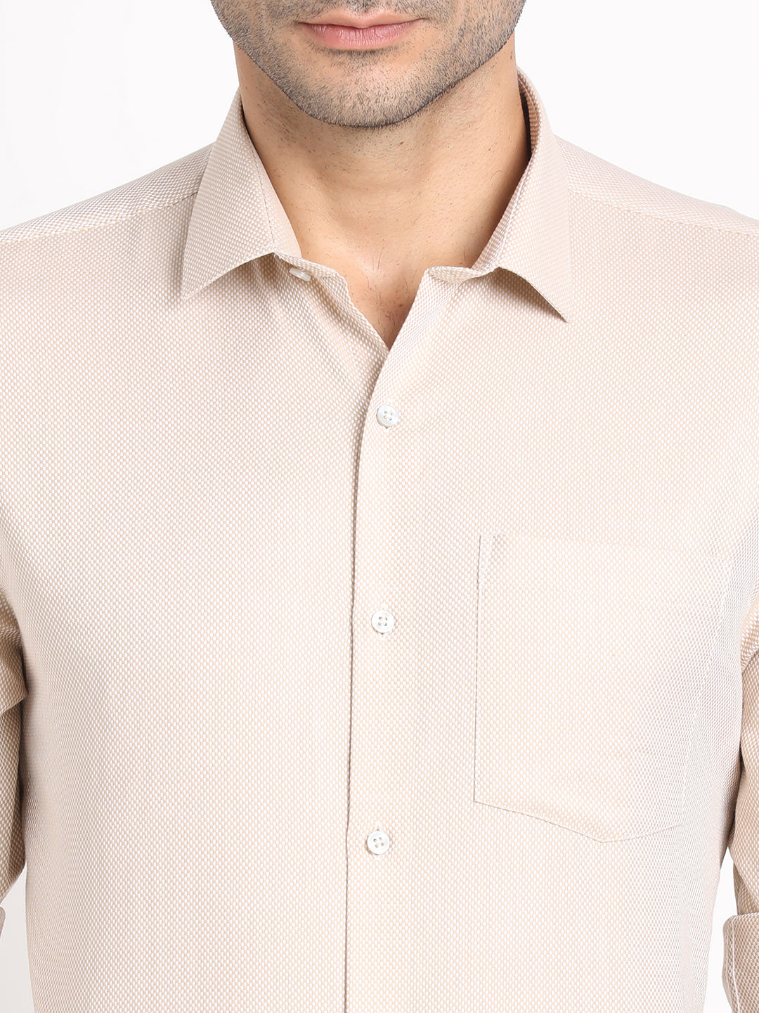 100% Cotton Beige Dobby Slim Fit Full Sleeve Formal Shirt