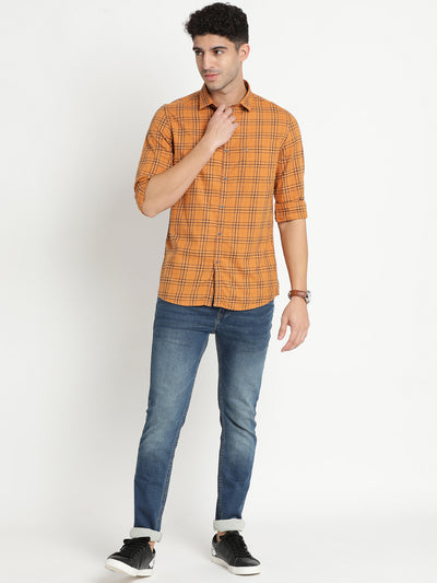 100% Cotton Orange Checkered Slim Fit Full Sleeve Casual Shirt