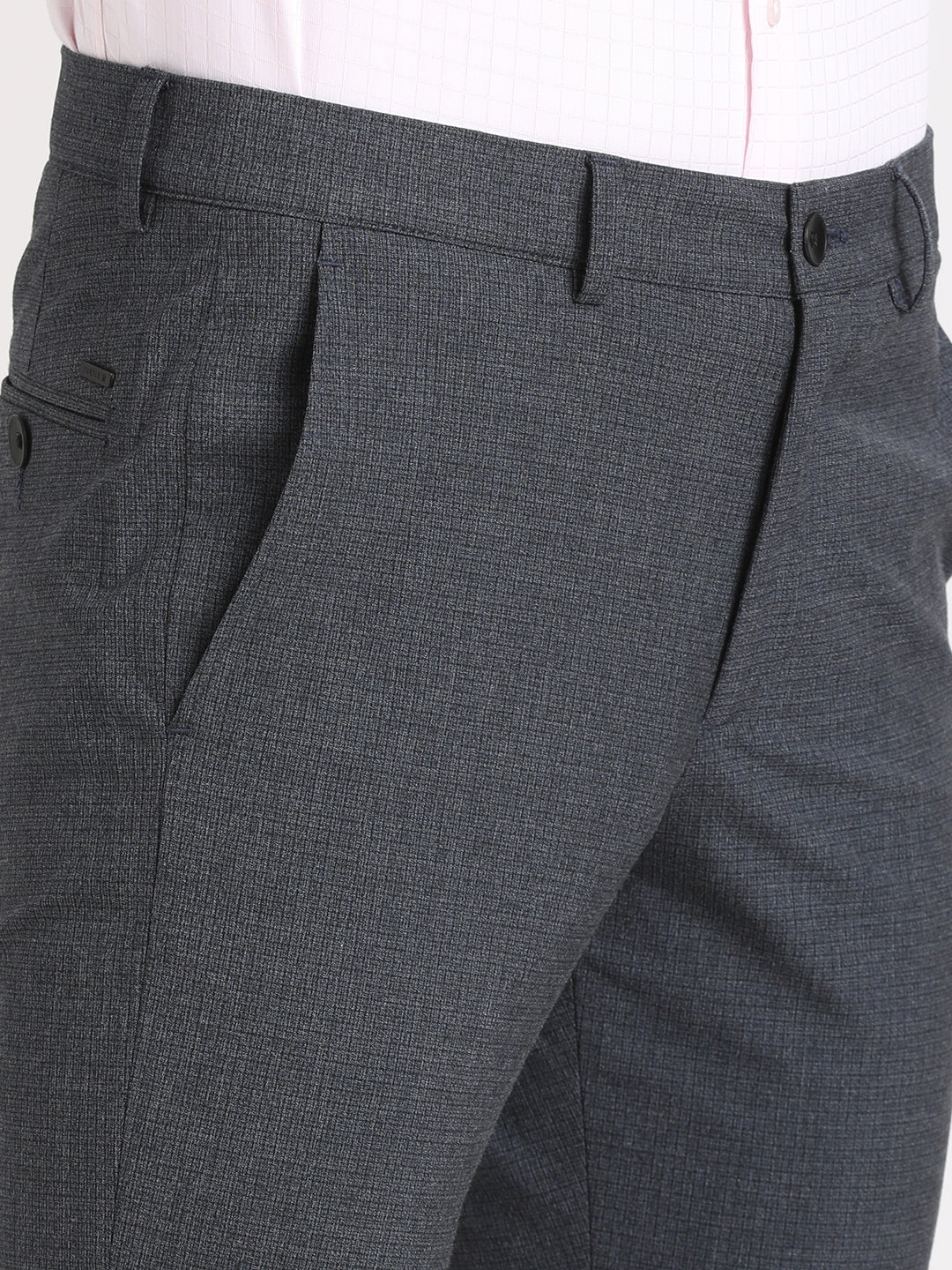 Poly Viscose Grey Checkered Slim Fit Flat Front Ceremonial Trouser