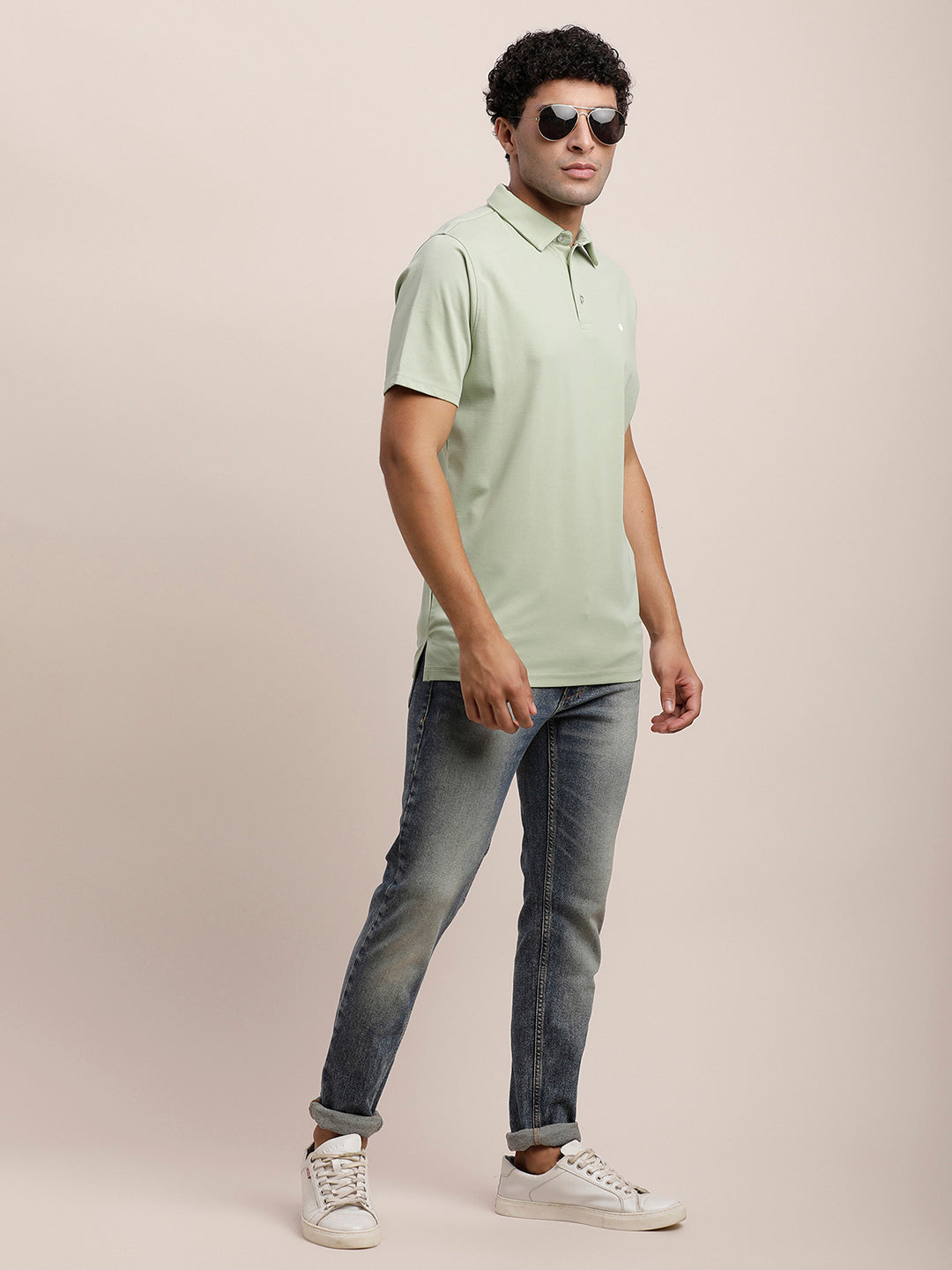 Cotton Plain Light Grey Polo Neck T-Shirt