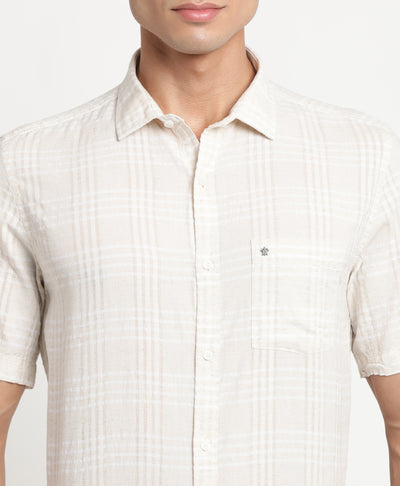 Cotton Linen Viscose Cream Checkered Slim Fit Half Sleeve Casual Shirt