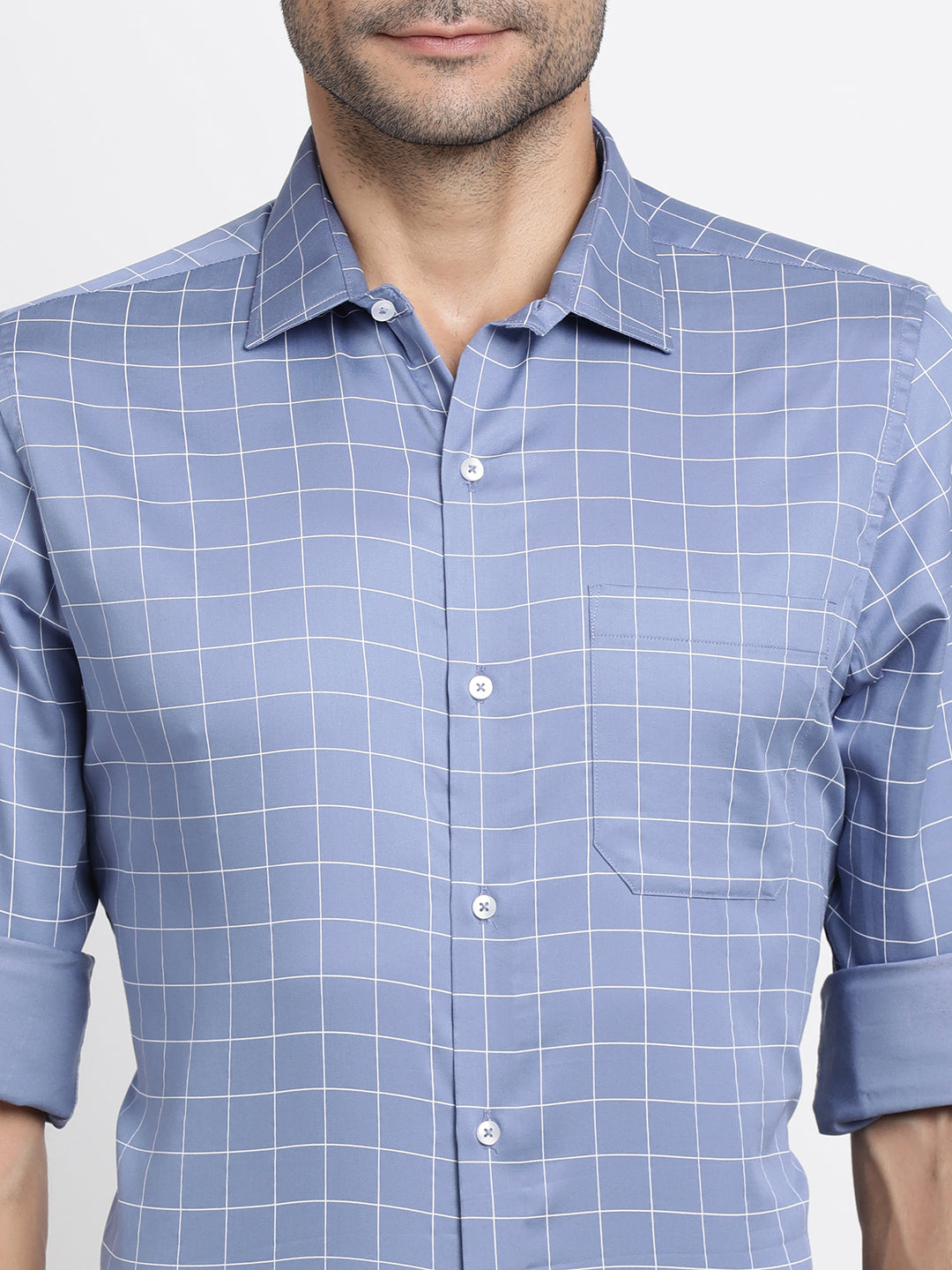 Polyester Stretch Blue Checkered Slim Fit Full Sleeve Formal Shirt