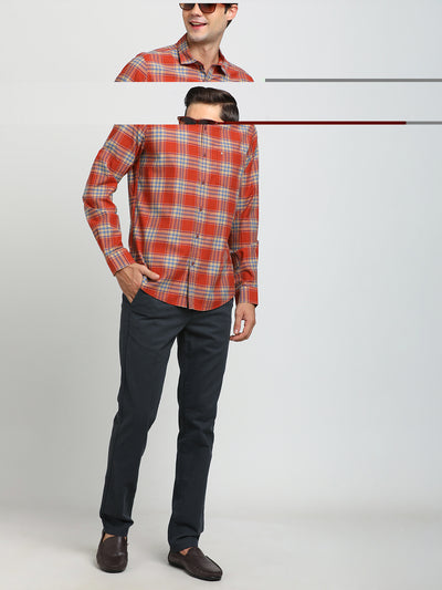 100% Cotton Orange Checkered Slim Fit Full Sleeve Casual Shirt