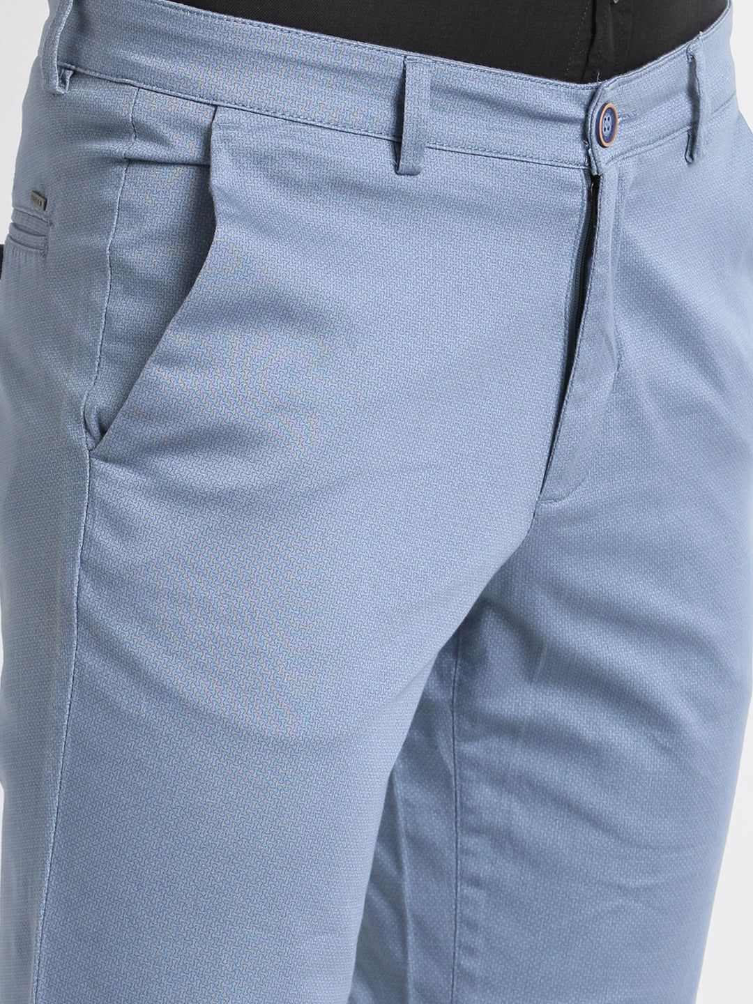 Cotton Stretch Light Blue Printed Narrow Fit Flat Front Casual Trouser