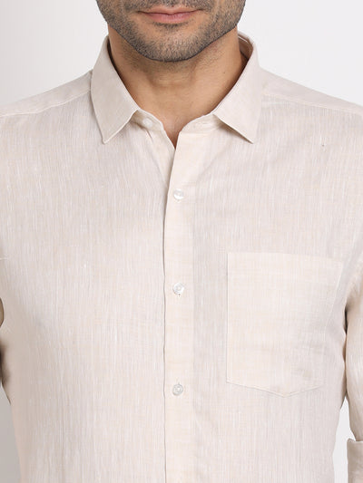 Pure Linen Beige Plain Slim Fit Full Sleeve Formal Shirt