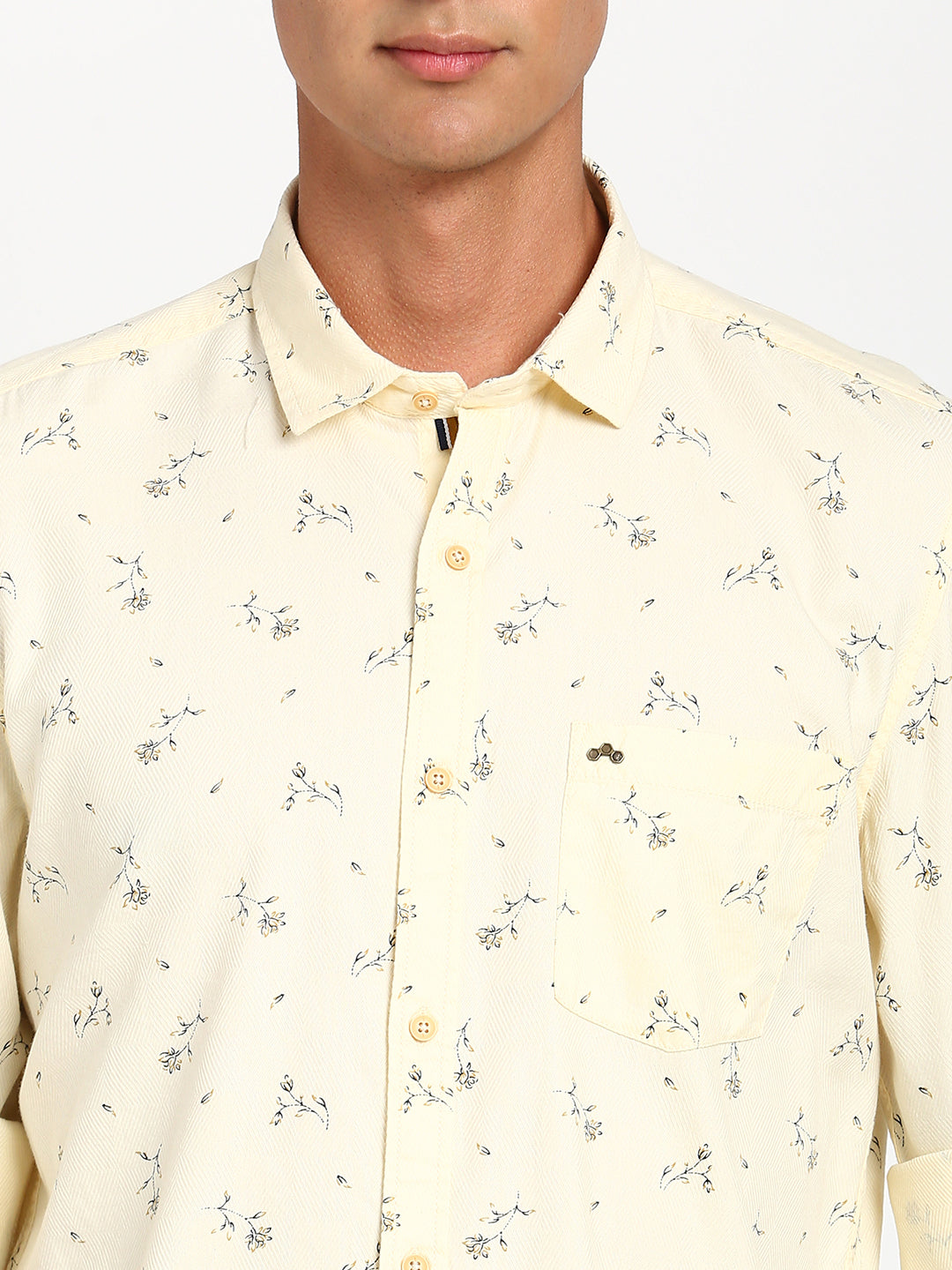 Cotton Tencel Yellow Printed Slim Fit Full Sleeve Casual Shirt