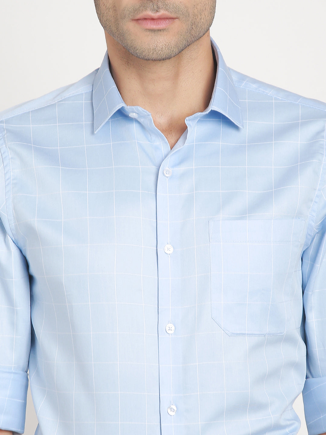 100% Cotton Sky Blue Checkered Slim Fit Full Sleeve Formal Shirt