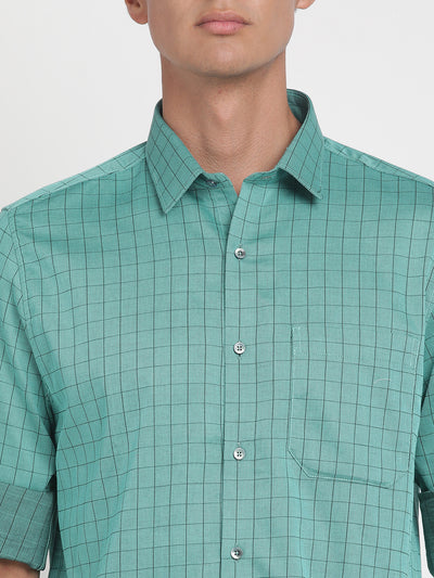 100% Cotton Green Checkered Slim Fit Full Sleeve Formal Shirt