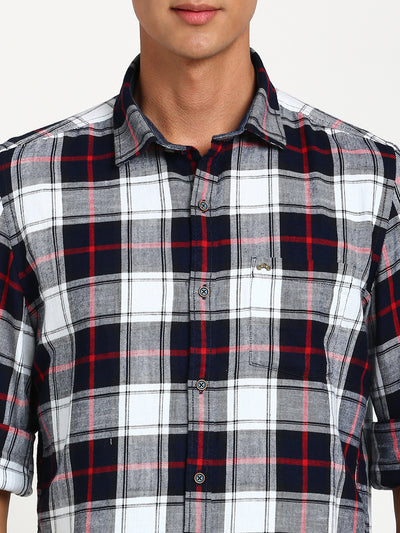 100% Cotton Indigo Navy Blue Checkered Slim Fit Full Sleeve Casual Shirt