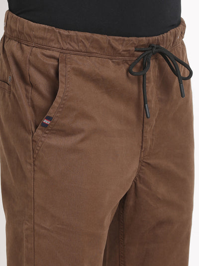 Cotton Stretch Brown Plain Jogger Flat Front Casual Trouser