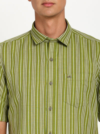 Cotton Linen Green Striped Slim Fit Half Sleeve Casual Shirt