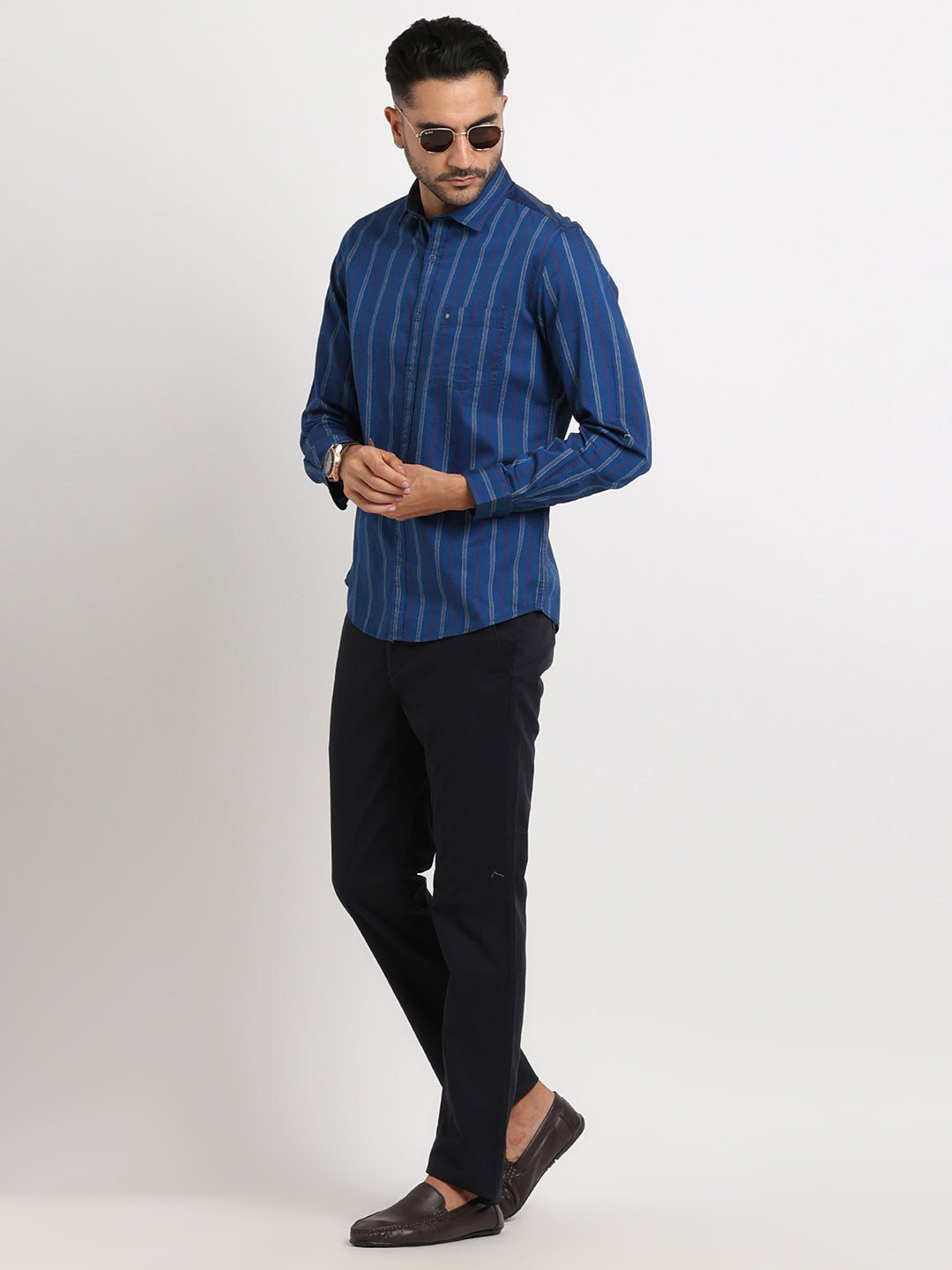 100% Cotton Blue Striped Slim Fit Full Sleeve Casual Shirt