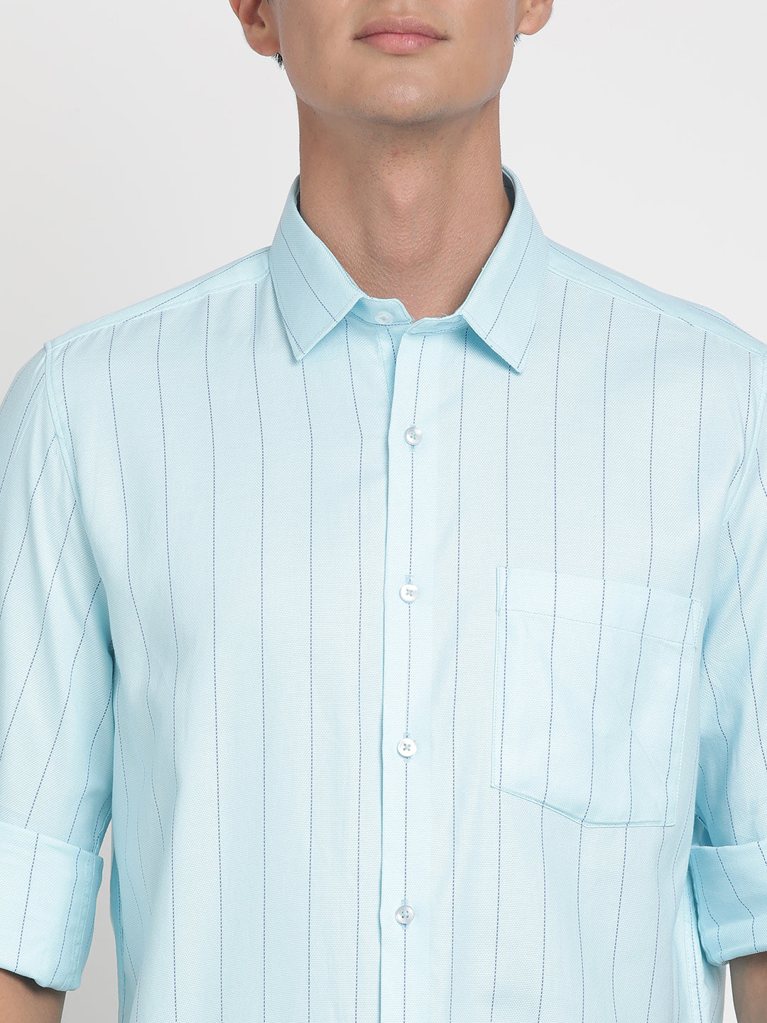 100% Cotton Sky Blue Striped Slim Fit Full Sleeve Formal Shirt