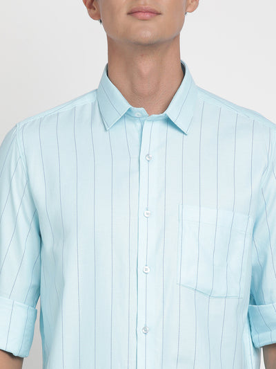 100% Cotton Sky Blue Striped Slim Fit Full Sleeve Formal Shirt