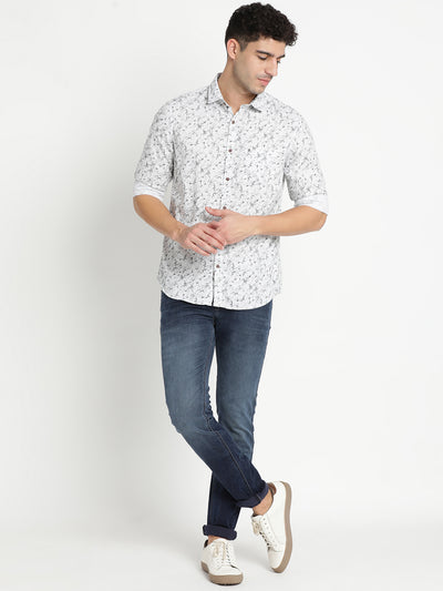 100% Cotton White Printed Slim Fit Full Sleeve Casual Shirt