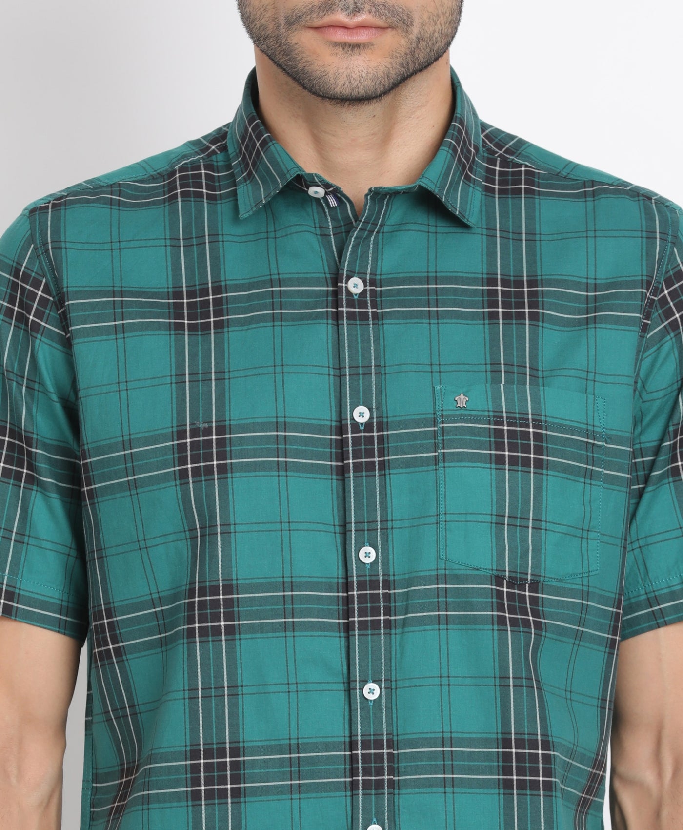 100% Cotton Green Checkered Slim Fit Half Sleeve Casual Shirt