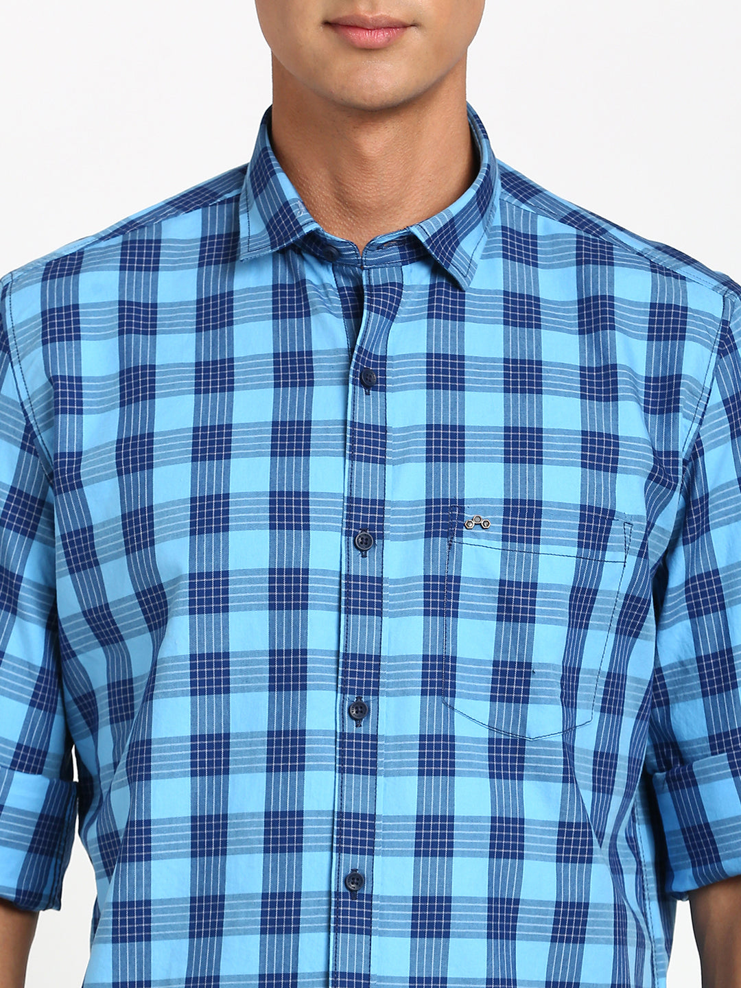 100% Cotton Blue Checkered Slim Fit Full Sleeve Casual Shirt