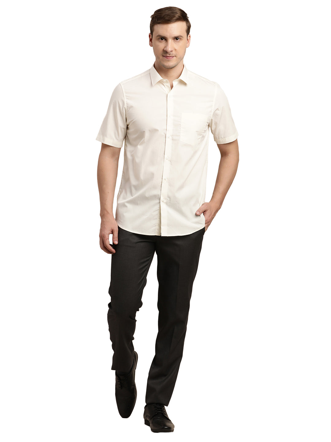 100% Cotton Cream Plain Slim Fit Half Sleeve Formal Shirt