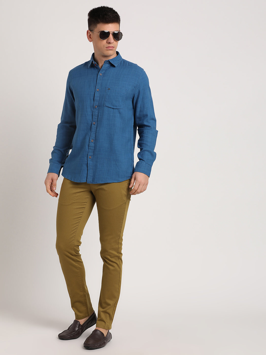 Cotton Lyocell Blue Plain Slim Fit Full Sleeve Casual Shirt