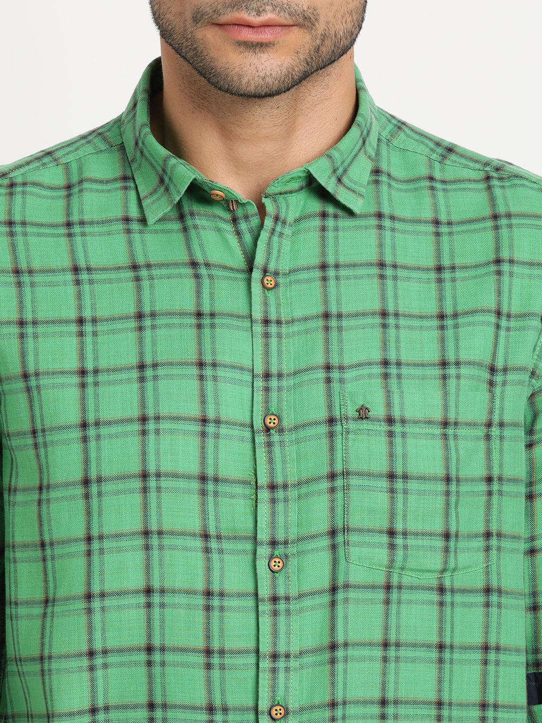 Cotton Viscose Green Checkered Slim Fit Full Sleeve Casual Shirt