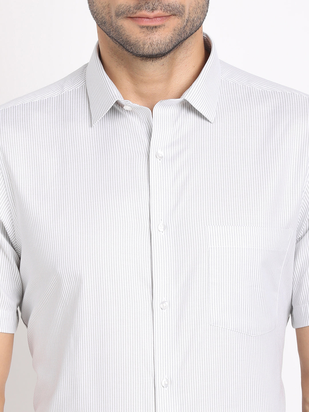 Giza Cotton White Striped Regular Fit Half Sleeve Formal Shirt