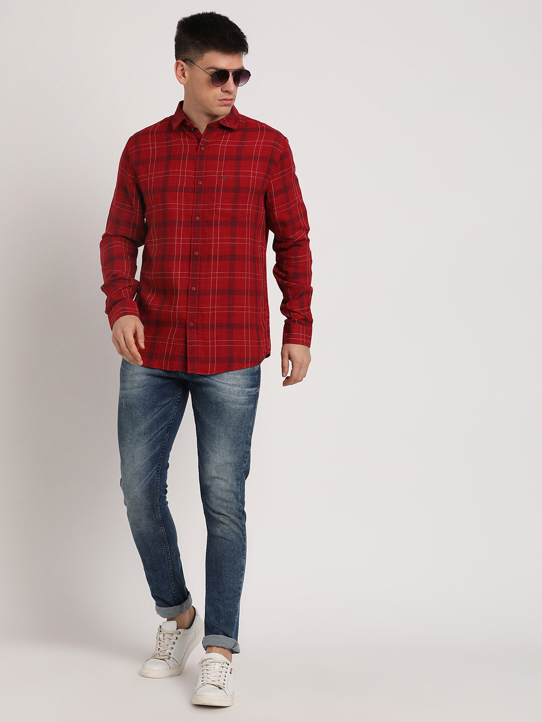 Cotton Lyocell Red Checkered Slim Fit Full Sleeve Casual Shirt