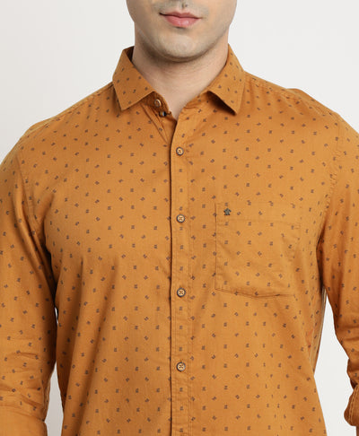 100% Cotton Mustard Yellow Printed Slim Fit Full Sleeve Casual Shirt