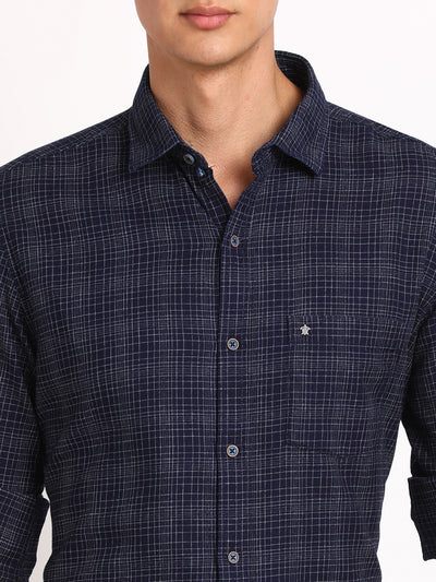 100% Cotton Indigo Navy Blue Checkered Slim Fit Full Sleeve Casual Shirt