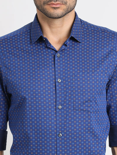 100% Cotton Blue Printed Slim Fit Full Sleeve Formal Shirt