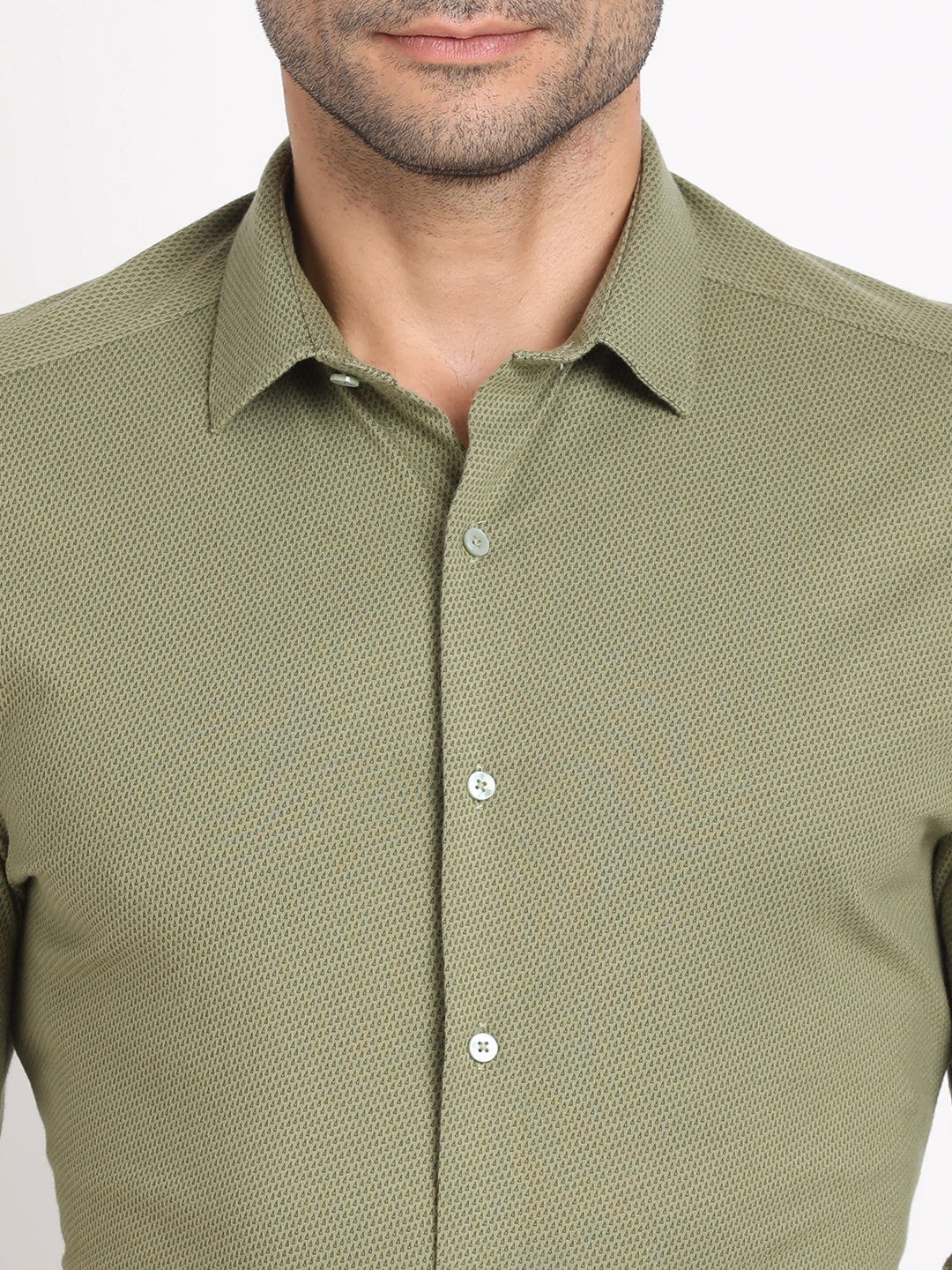 Knitted Green Printed Slim Fit Full Sleeve Formal Shirt